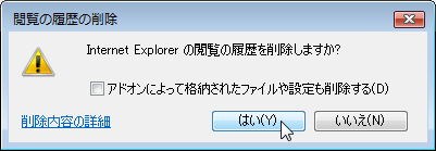 Internet Explorer の閲覧の履歴を削除しますか?