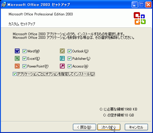 図6：カスタムセットアップ→［アプリケーションごとにオプションを指定してインストール]にチェックを付けて［次へ］ボタンをクリック