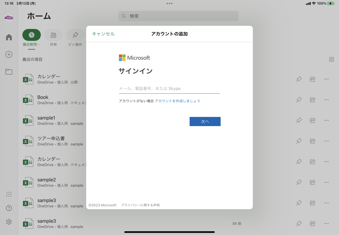 Excel で使用したいアカウントのメールアドレスまたは電話番号を入力します。