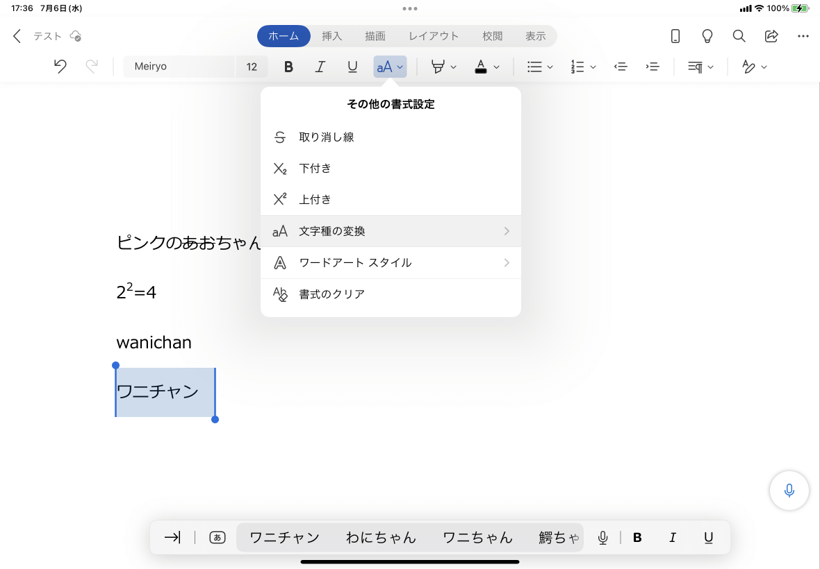 Word For Ipad 文字種の変換を行うには