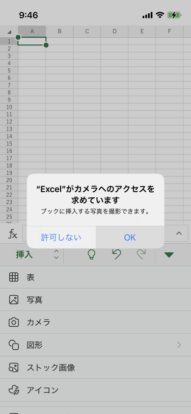 "Excel"がカメラへのアクセスを求めています