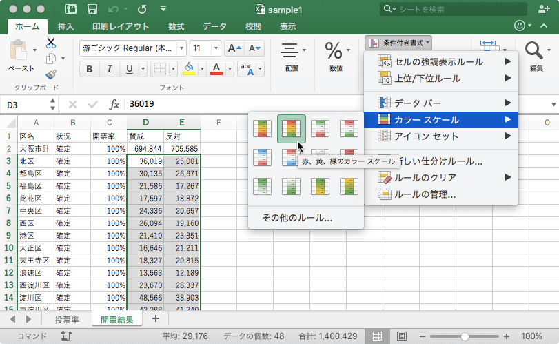 範囲指定されたセルに色のグラデーションを付けます。各セルの値がその範囲のどこに該当するのかが、色で表現されます。