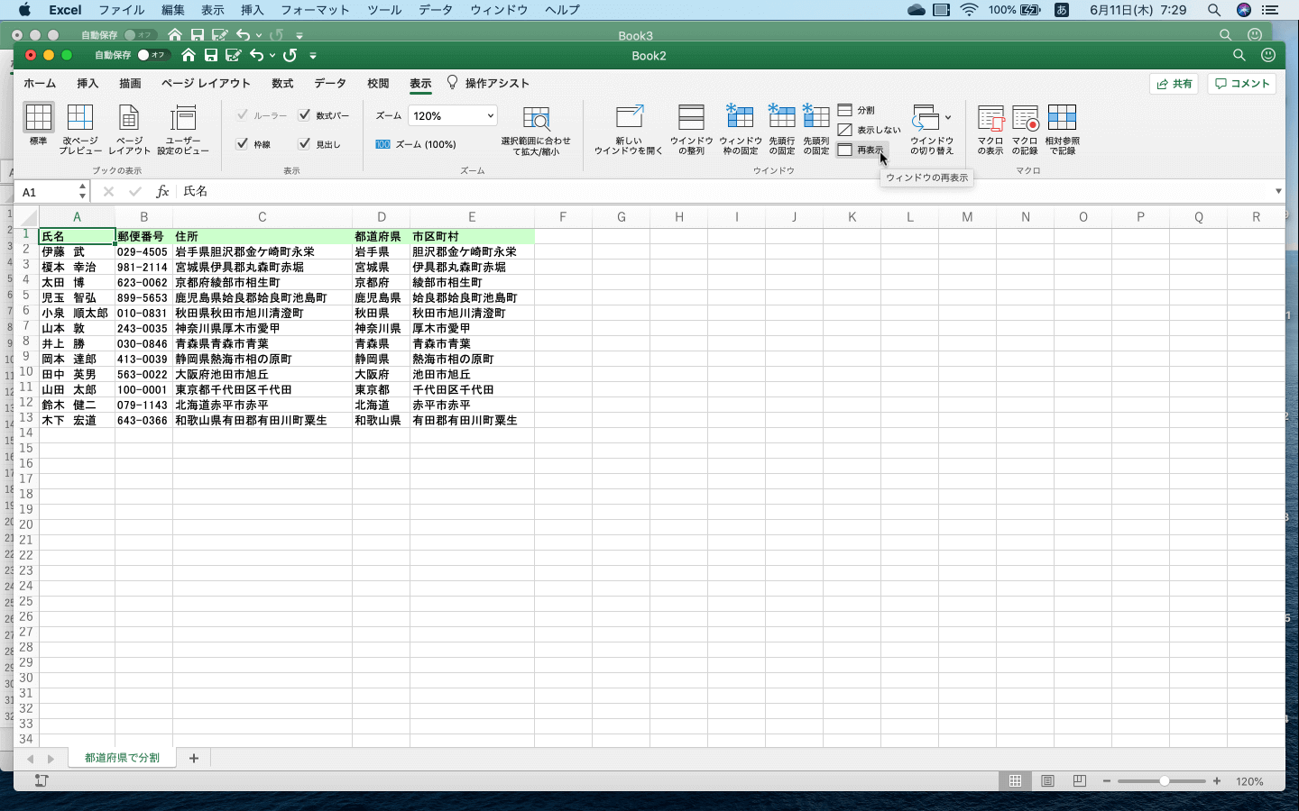［表示しない］で非表示にしたウィンドウを再表示します。