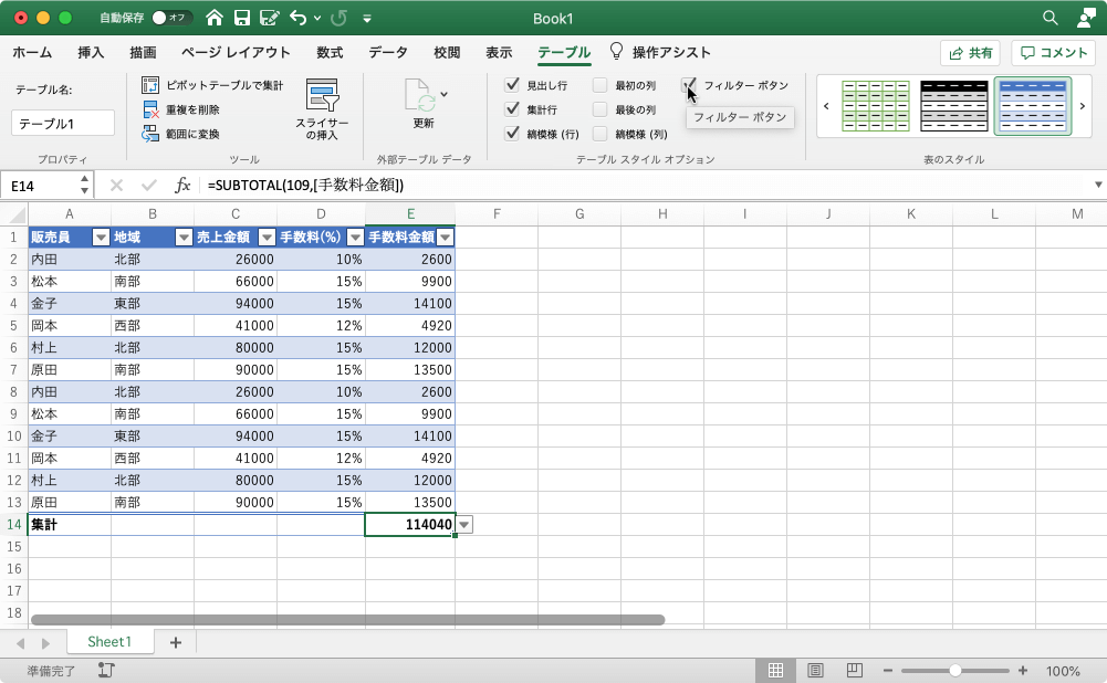 各列の見出し行にフィルターボタンを表示します。