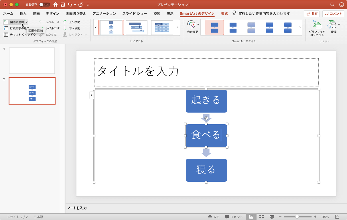 SmartArtグラフィックに図形を追加します。