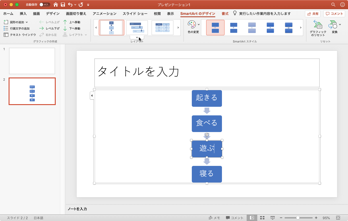 SmartArtグラフィックに適用されているレイアウトを変更します。