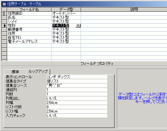 フィールドプロパティ：ルックアップ