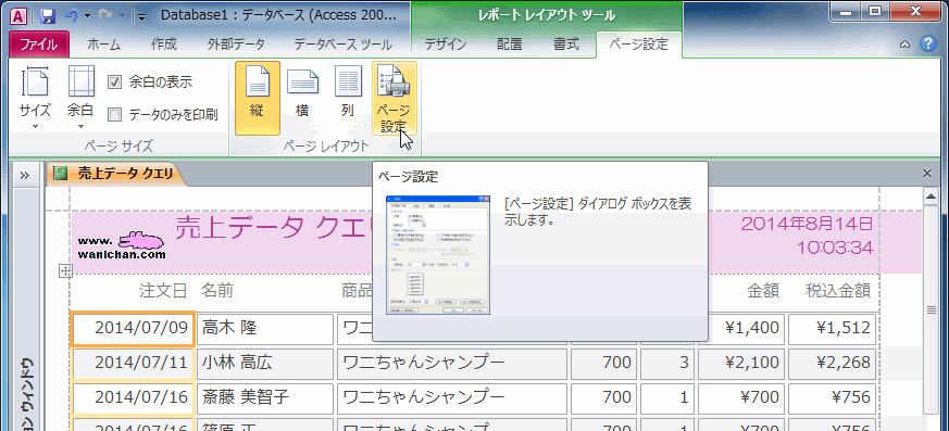あページ Access 2010：ページ設定ダイアログボックスを表示するには