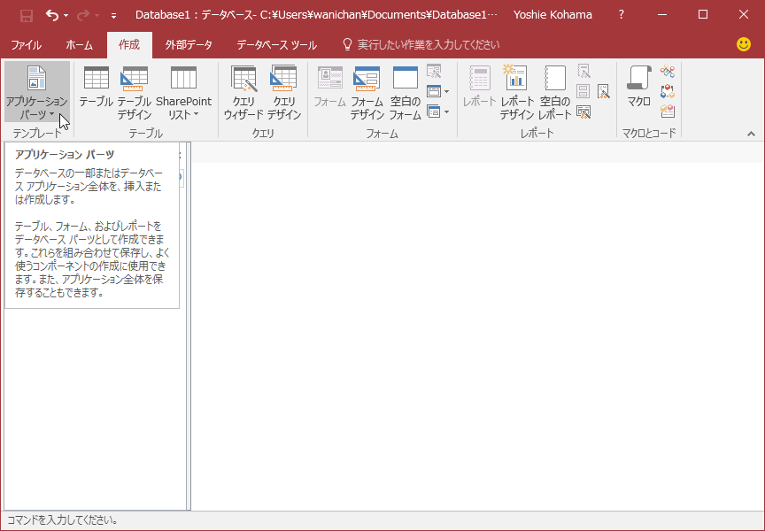 アプリケーションパーツ：データベースの一部またはデータベース アプリケーション全体を、挿入または作成します。テーブル、フォーム、およびレポートをデータベースパーツとして作成できます。これらを組み合わせて保存し、よく使うコンポーネントの作成に使用できます。