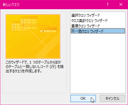このウィザードで、1つのテーブルから他のテーブルと一致しないレコード（行）を抽出するクエリを作成します。