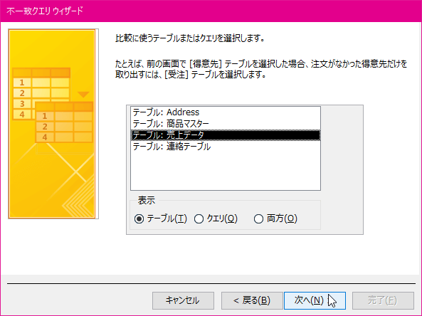 比較に使うテーブルまたはクエリを選択します。たとえば、前の画面で［得意先］テーブルを選択した場合、注文がなかった得意先だけを取り出すには、［受注］テーブルを選択します。