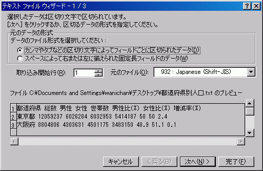 テキストファイルウィザード 1/3