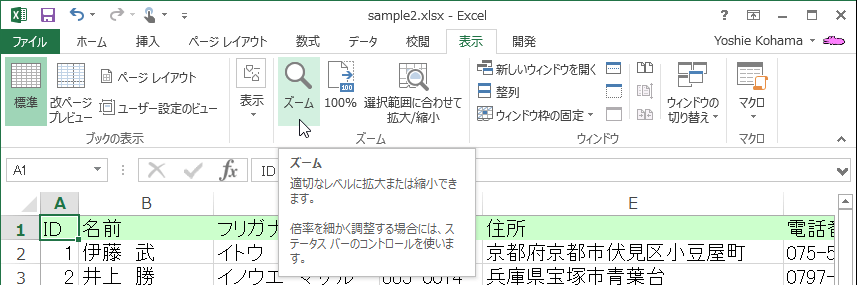 適切なレベルに拡大または縮小できます。倍率を細かく調整するには、ステータスバーのコントロールを使います。