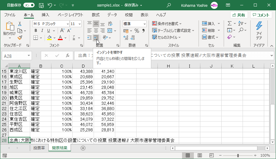 内容とセル枠線との間隔を広くします。
