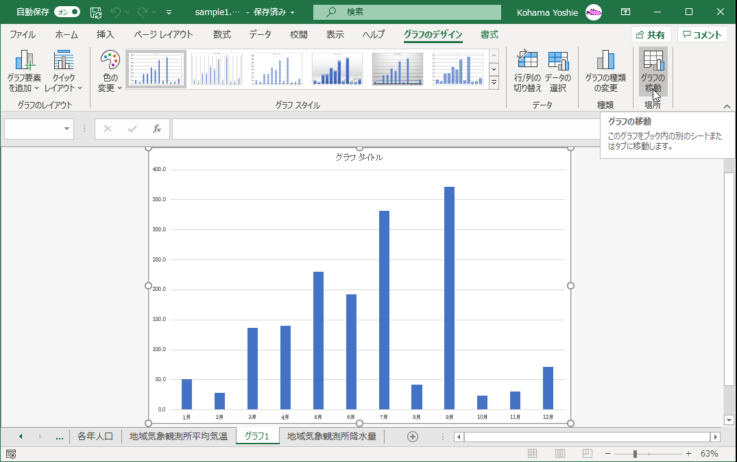 このグラフをブック内の別のシートまたはタブに移動します。