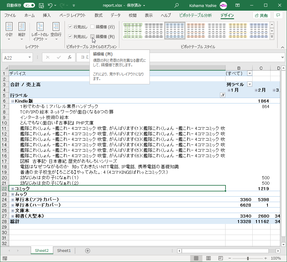 縞模様(列) 偶数の列と奇数の列を異なる書式にして、縞模様で表示します。これにより、見やすいレイアウトになります。