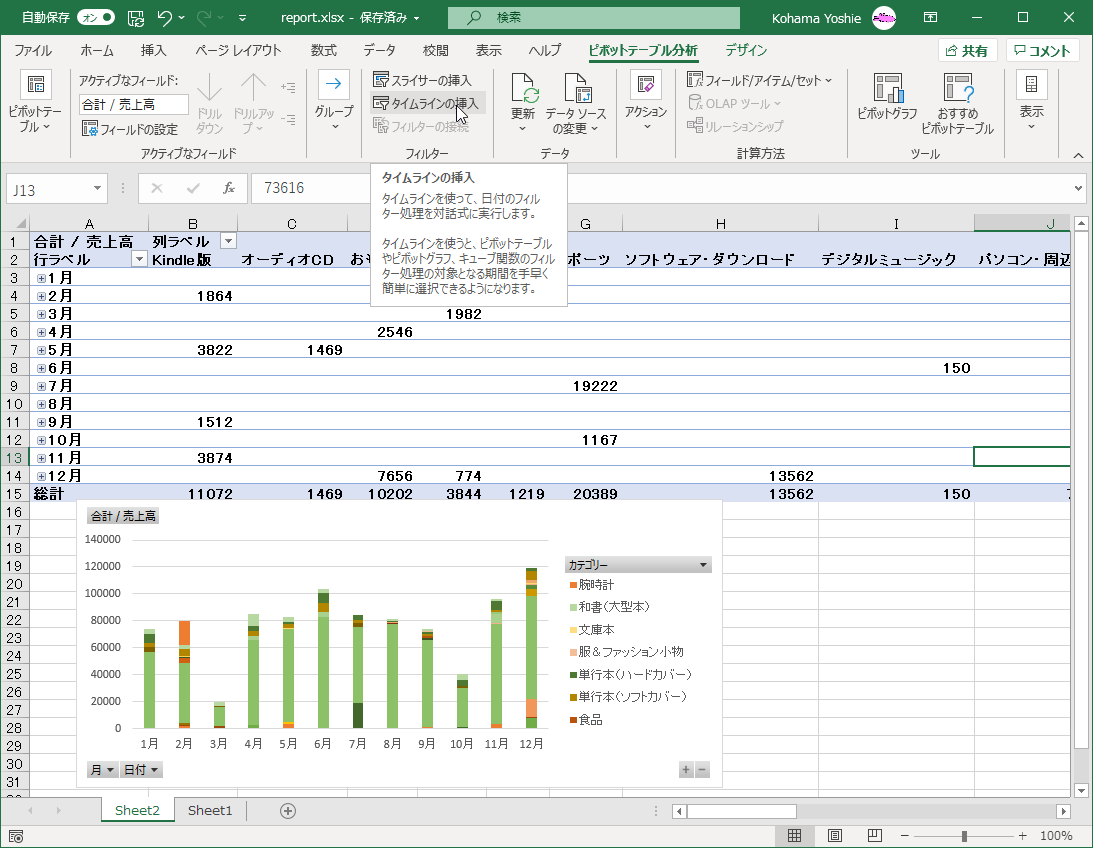 タイムラインを使って、日付のフィルター処理を対話的に実行します。タイムラインを使うと、ピボットテーブルやピボットグラフ、キューブ関数のフィルター処理の対象となる期間を手早く簡単に選択できるようになります。
