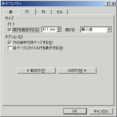 表のプロパティ