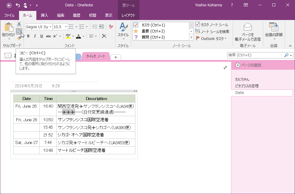 コピー (Ctrl+C) 選んだ内容をクリップボードにコピーして、他の場所に貼り付けられるようにします。