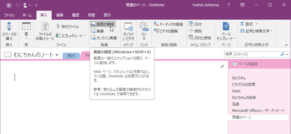 画面の領域 (Windows+Shift+S) 画面の一部のスナップショットを取り、ページに追加します。Webページ、ドキュメントなどを取り込んでいる間、OneNoteは非表示になります。