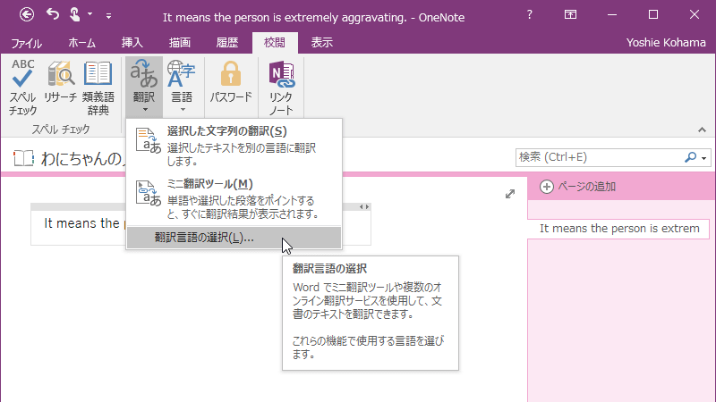 OneNoteでミニ翻訳ツールや複数のオンライン翻訳サービスを使用して、ノートのテキストを翻訳できます。これらの機能で使用する言語を選びます。