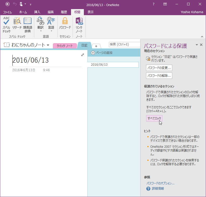 保護されているセクション パスワードで保護されたセクションのロックを解除すると、ロックが解除された状態がしばらく続きます。すべてのセクションをここでロックできます (Ctrl+Alt+L)。