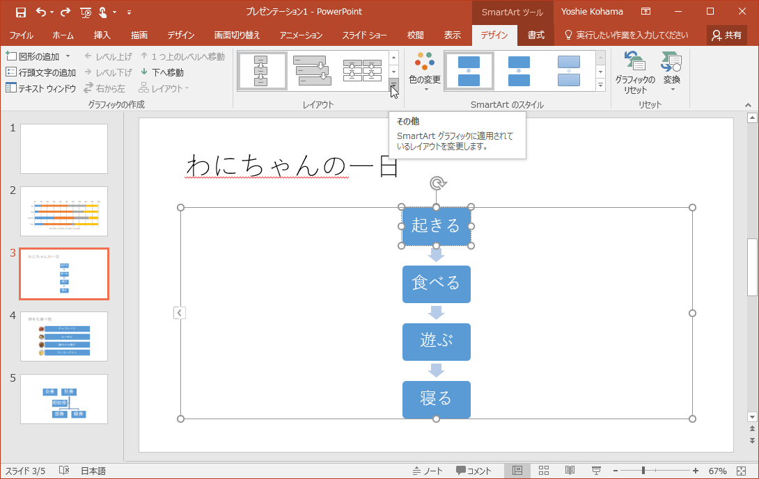 SmartArtグラフィックに適用されているレイアウトを変更します。