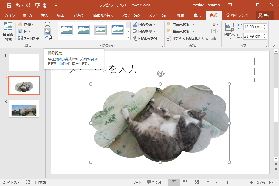 現在の図の書式とサイズを保持したままで、別の図に変更します。