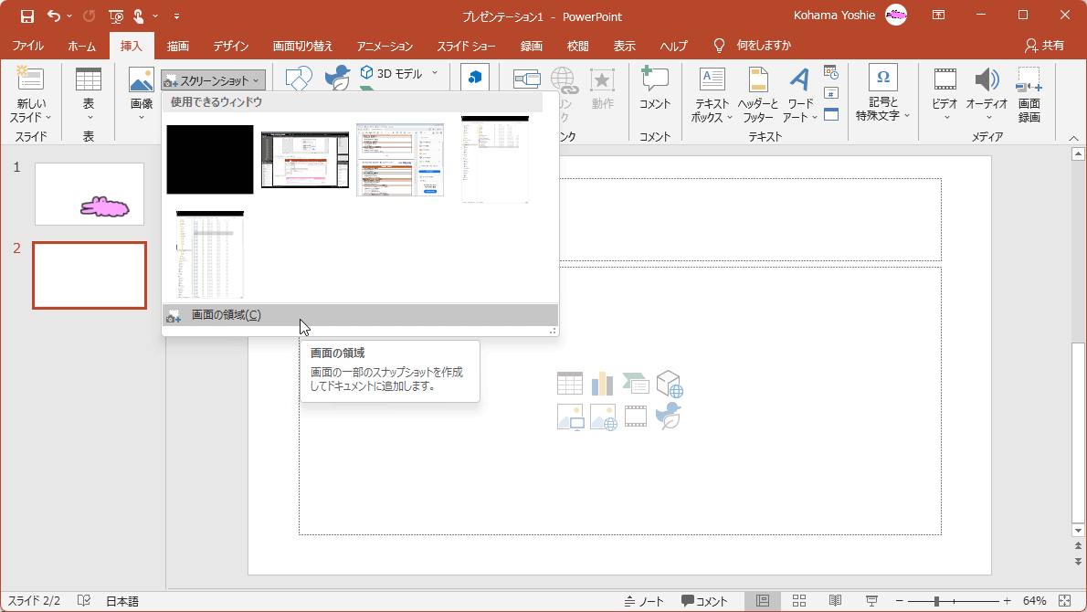 画面の一部のスナップショットを作成して文書に追加します。