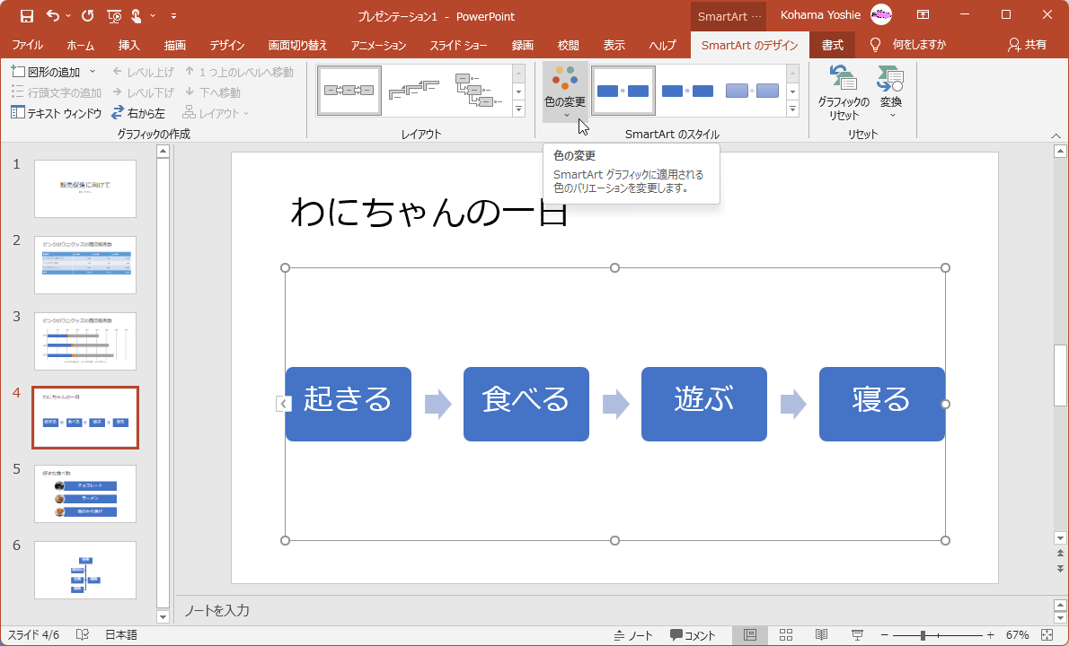 SmartArtグラフィックに適用される色のバリエーションを変更します。