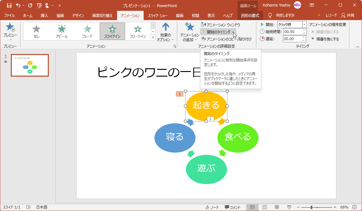 開始のタイミング アニメーションに特別な開始条件を設定します。図形をクリックした後や、メディアの再生がブックマークに達したときにアニメーションを開始するように設定できます。