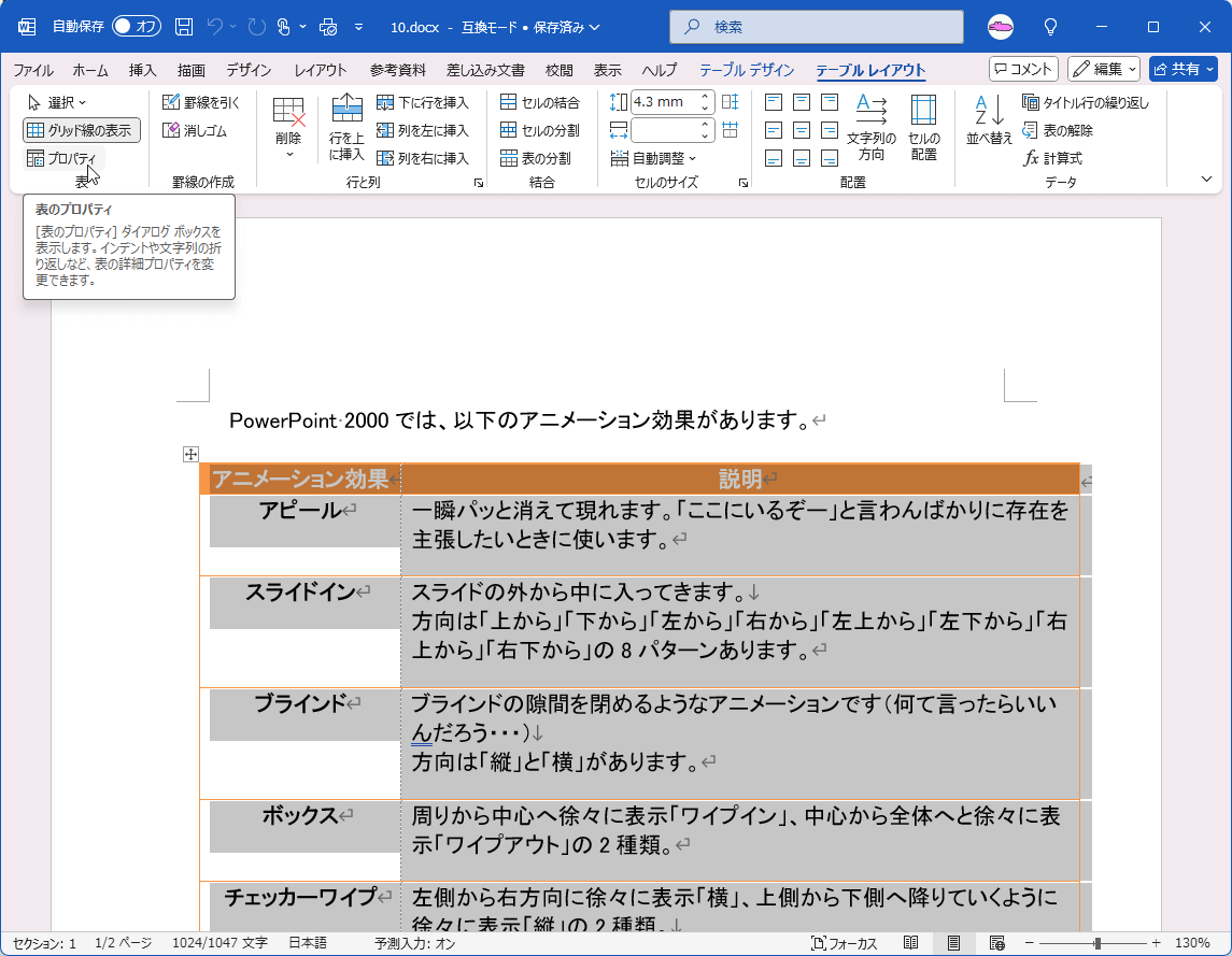 ［表のプロパティ］ダイアログ ボックスを表示します。インデントや文字列の折り返しなど、表の詳細プロパティを変更できます。