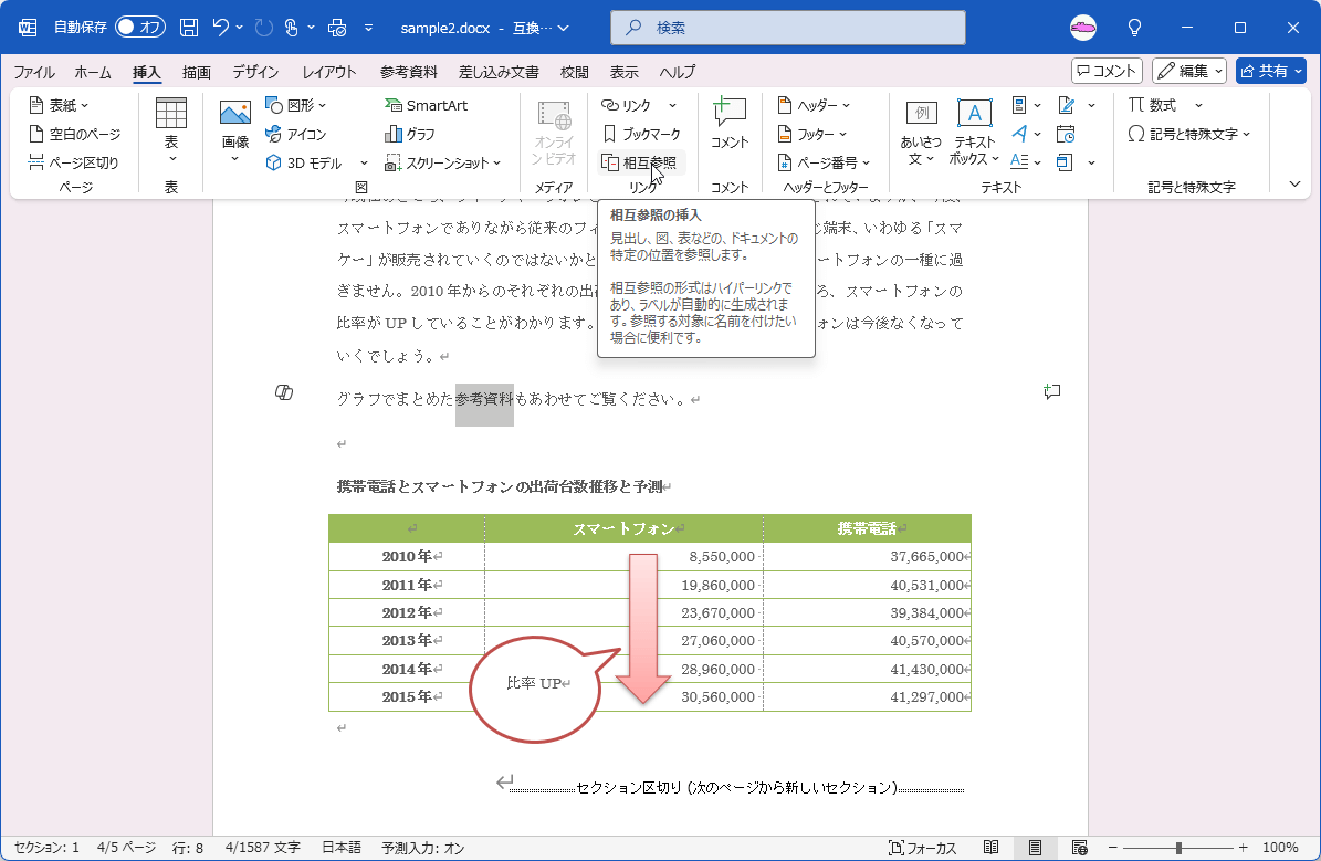 見出し、図、表などの、ドキュメントの特定の位置を参照します。
				
				相互参照の形式はハイパーリンクであり、ラベルが自動的に生成されます。参照する対象に名前を付けたい場合に便利です。